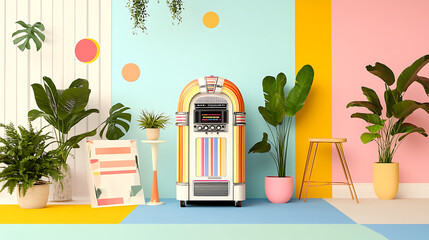 Bright vintage jukebox in colorful room with plants and decor