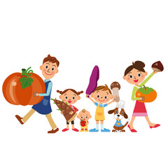 秋の食材を抱えている笑顔の家族