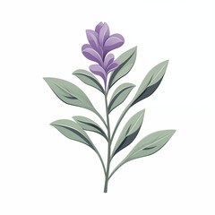 Simple cartoon illustration of a purple flower with green leaves against a light background