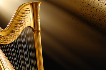 a golden harp strings illuminated by warm stage lights