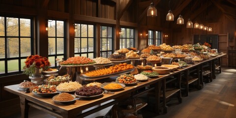 A rustic wooden table laden with an abundance of delectable dishes, showcasing an array of culinary delights