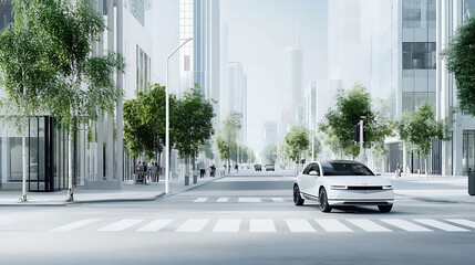 modern cityscape featuring white car on pedestrian friendly street