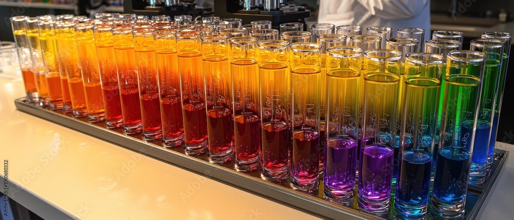Poster a row of glass test tubes filled with multicolored liquids
