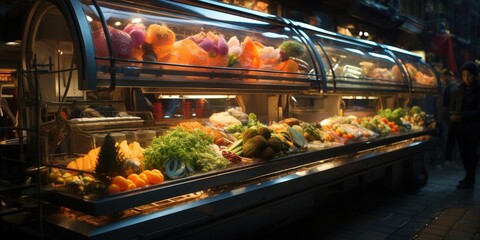 A vibrant display of fresh produce illuminates the night market, with an array of colorful fruits and vegetables under the glow of fluorescent lights.