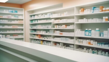 Pharmacy blured background with white counter. AI generated