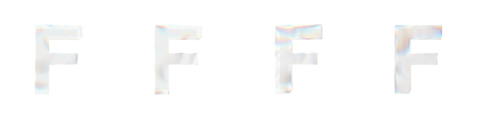 Set of 4 3d letter F with glass distortion effect isolated on a transparent background. 3d transparent elements for graphic design.