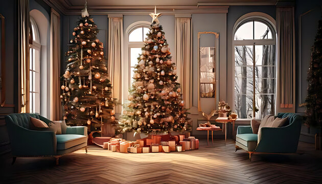 festive interior scene features christmas tree digital rendering art style visuals