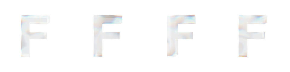 Set of 4 3d letter F with glass distortion effect isolated on a transparent background. 3d transparent elements for graphic design.