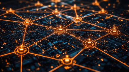 Obraz premium The urban landscape glows with orange lights, illustrating a complex network that emphasizes connectivity and infrastructure at night