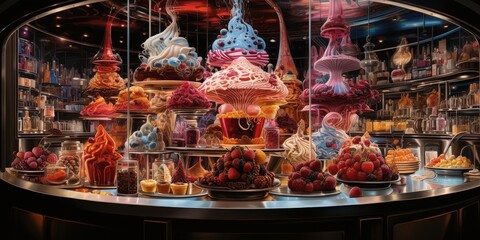 A whimsical display of candy and dessert creations in a glass-enclosed showcase, showcasing a colorful and decadent fusion of sweet delights