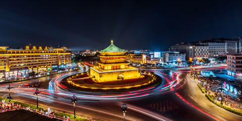 High perspective urban skyline night view of the Bell Tower in Xi'an, Shaanxi, China
