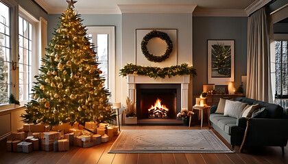 room features stylish christmas tree decorated fireplace festive holiday look