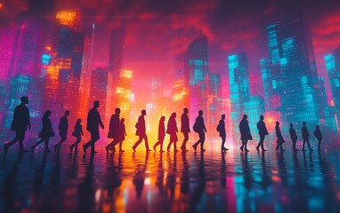 Captivating 3D rendering of diverse silhouettes of business people walking in front of a vibrant, illuminated cityscape, highlighting growth and diversity
