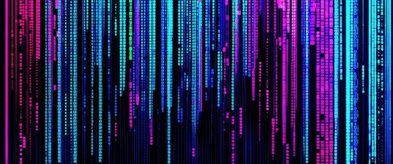 Fototapeta premium Digital matrix, vertical data streams, cyberpunk aesthetic, neon colors, blue and purple hues, binary code, glowing lines, abstract technology background, futuristic interface, digital rain effect, co