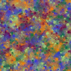 Persian blue, papaya orange, grape purple, pale olive green and dark spring green chaotic brush strokes. Small circles and abstract shapes. Seamless hand drawn pattern.
