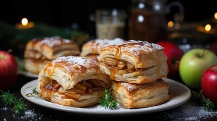 Warm Caramel Apple Pastries Drizzled with Sweet Glaze, Dusted with Powdered Sugar and Served on a White Plate