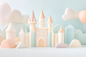 A dreamy pastel-colored castle set against a soft blue sky with fluffy clouds, evoking fairy-tale vibes and whimsical design.
