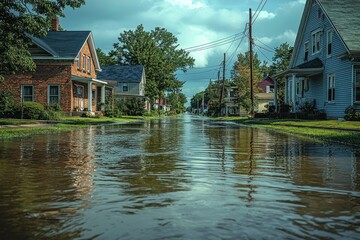 Obraz premium Flooded Street in a Residential Neighborhood with Houses on Either Side