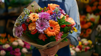 Luxury Bouquet of Mixed Flowers: A beautiful, luxurious bouquet of mixed flowers held by a woman, highlighting the floristic craftsmanship involved in flower shop work.