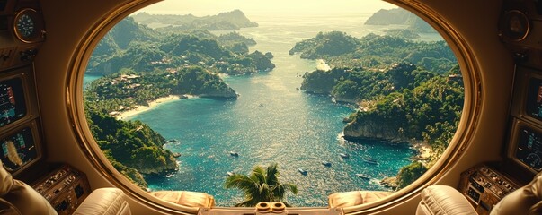 Fototapeta premium A panoramic view of a tropical island bay from a private jet window