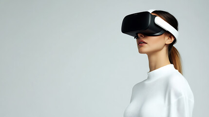 woman wearing virtual reality headset, immersed in technology