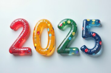 The numbers "2025" are depicted as colorful and transparent balloons, filled with a playful assortment of colors and patterns, bringing a festive and cheerful vibe.
