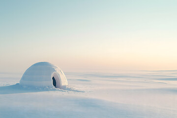 Soft pink sky with a single igloo on a snowy landscape, evening atmosphere
