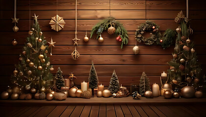 Obraz premium christmas decorations brown wooden wall add warmth festivity room holiday season