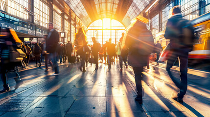 A beautiful motion blur captures people walking in a train station during early morning rush hours, symbolizing the busy modern life. Ideal for website and magazine layouts.