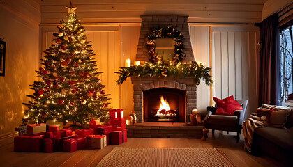 christmas decorations surround tree near fireplace home cold winter evenings perfectly