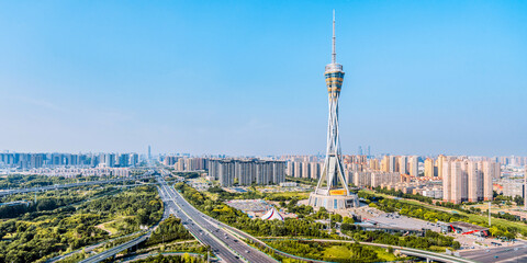 Fototapeta premium High view scenery of Zhongyuan Futa and overpass in Zhengzhou, Henan, China