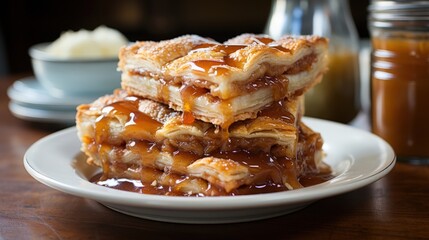 A close-up of a golden-brown apple pie with a sweet caramel sauce drizzled on top, creating a delicious and decadent dessert