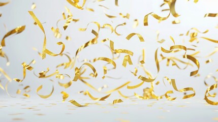 Golden ribbons falling with festive elegance on white