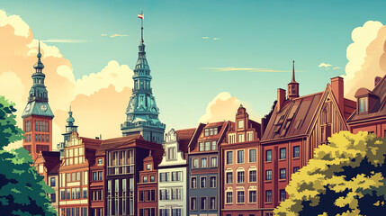 Fototapeta premium Hamburg, Germany, french vintage Art Nouveau & Art Deco travel poster template. Cityscape and city skyline.Classic La Belle Epoque vichy art. Clear, simple, trendy