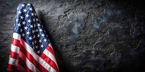 Obraz premium Patriotic Memorial Day Greeting Card with American Flag on Black Concrete Background for Honoring Heroes and Celebrating Freedom in USA