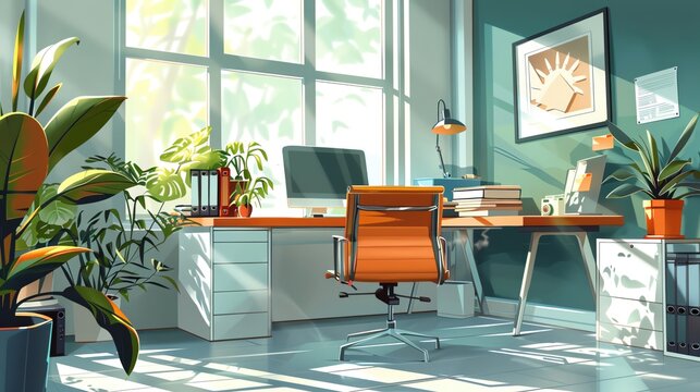Professional office environment illustration with ample copy space, inspiring and serene workspace, minimalist workspace setup featuring an orange chair and lush indoor plants.	