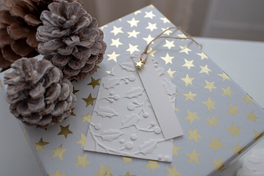 Selbstgemachte Geschenkeanh&auml;nger aus gepr&auml;gtem Papier mit verschiedenen winterlichen / weihnachtlichen Motiven. Sterne, Eiskristalle, Stechpalme