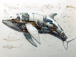digital artwork of a whale with a detailed and colorful internal structure.