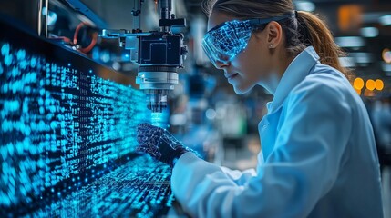 A woman in a laboratory is analyzing advanced data displays using high-tech equipment, representing innovative technology.