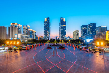 Night view of Zhengzhou East Railway Station Square and Greenland Twin Towers in Henan, China