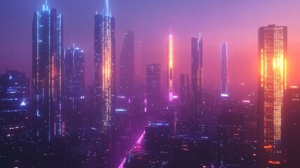 Fototapeta premium Futuristic Cityscape at Dusk with Neon Lights