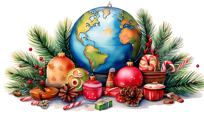 colorful watercolor christmas clipart features festive globe fir treats isolated white background suitable various crafts designs