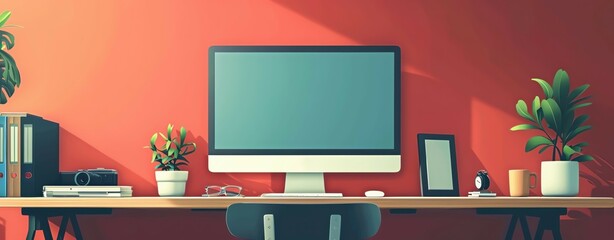 Simple illustration of a workspace with a computer and large copy space