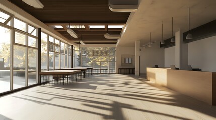 Obraz premium Modern Office Interior with Large Windows, Wooden Furniture, and Sunlight Streaming In