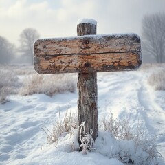 Naklejka premium Wooden Signpost in Snow Isolated on a White Background, Emphasizing Winter Landscapes and Directional Guidance for Travel and Adventure Themes