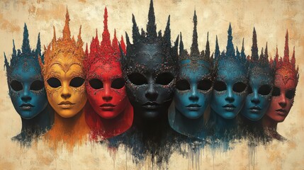 A minimalist outline of a Mardi Gras parade in New Orleans with textured masks and floats creating a rhythm of peaks and valleys.