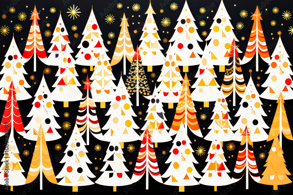 Poster a vibrant display of variously designed christmas trees against a black background, adorned with col