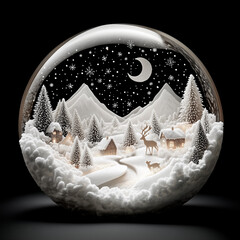 Charming paper-cut of a winter night in a glass ball, featuring snowy mountains, a cozy village, pine trees, deer, and a crescent moon under a starry sky. Holiday magic, tranquility, festive winter.