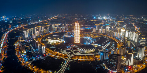 Night aerial View of CBD in Zhengdong New District, Zhengzhou, Henan Province, China © Govan
