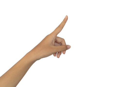 A hand pointing to the right, used to indicate direction or draw attention, isolated on a white background.